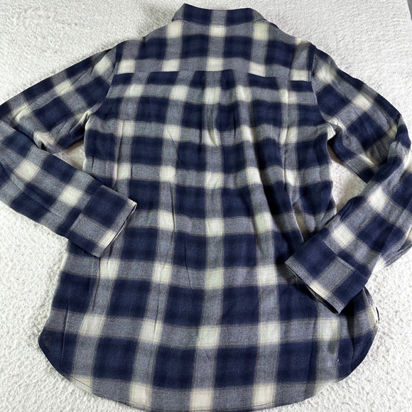 Theory Simara Wool Blend Plaid Button Down Shirt Navy Long Sleeve Women's Size M - Picture 14 of 14